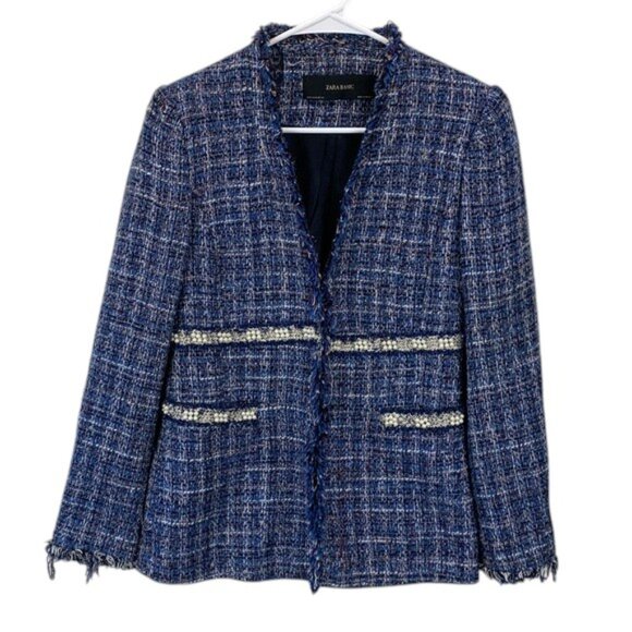 ZARA Women’s M Blue Tweed Pearl Trim Cropped Blazer Jacket Elegant Chic Style - Picture 1 of 14